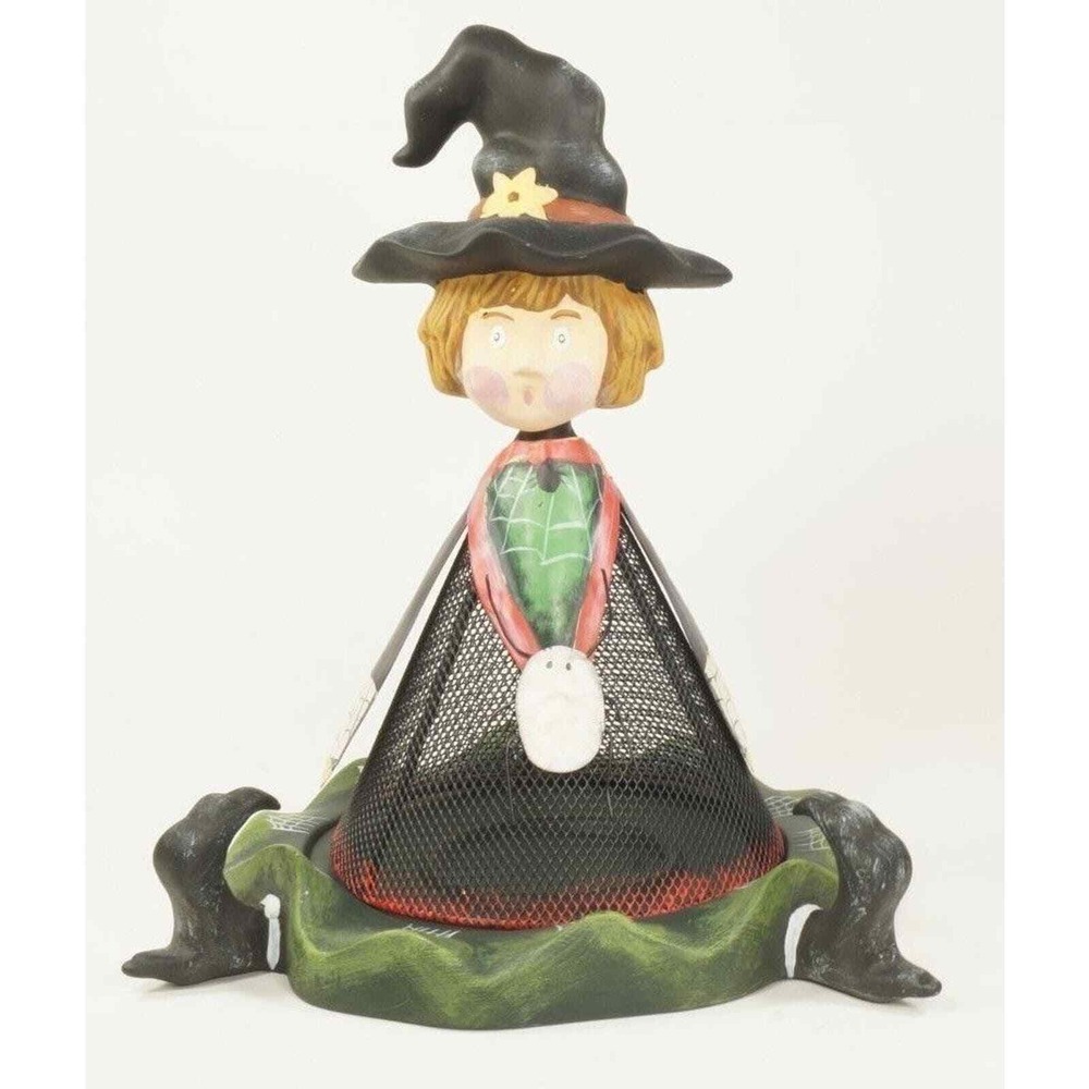 Halloween Witch w/ Spider Necklace Tea Light Holder Wire Ceramic by Kathy Hatch